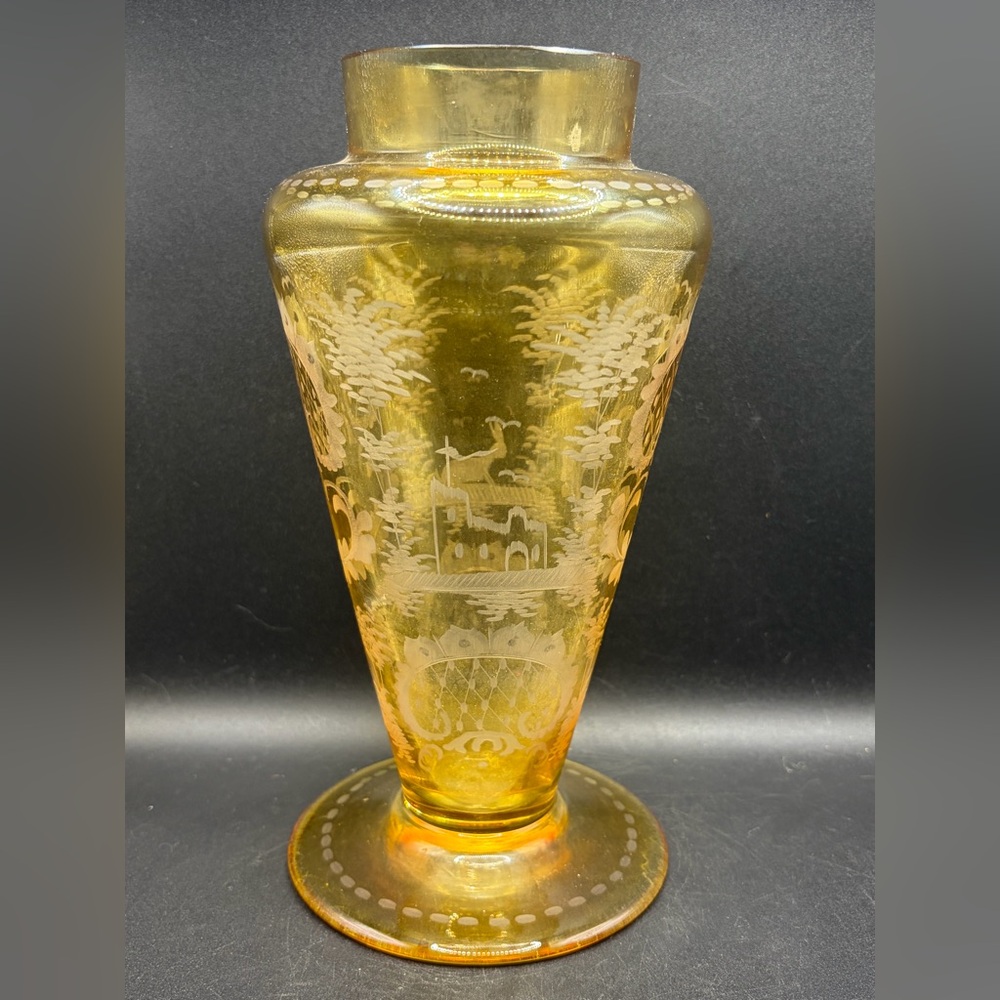 Vintage Bohemian Etched Yellow Pastoral Castle Rabbit Bird Landscape Glass Vase - Picture 7 of 16